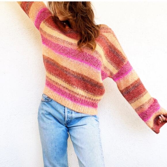 J. Crew | Alpaca Wool Blend Wide Sleeve Sweater Ombre Stripe Pink Orange XS - Picture 1 of 5